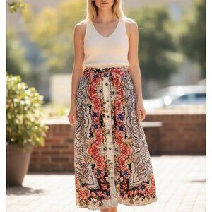 Angie Floral Midi Skirt Red Pink Button Down L Large Womens Flowy Y2K Boho